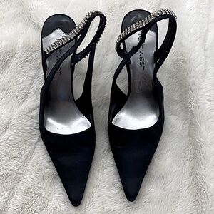 Nine West Black Satin Rhinestone Pointed Toe Slingback Heels Size 7